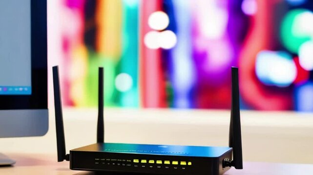 Wi-Fi internet network connection modem router on the table near the computer monitor. black router or modem device created with generative ai