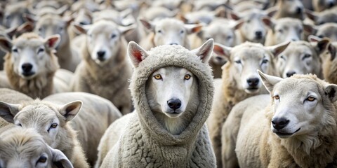 Obraz premium Wolf in Sheep's Clothing, Close-up, Sheep, Fur, Deception, wolf, sheep