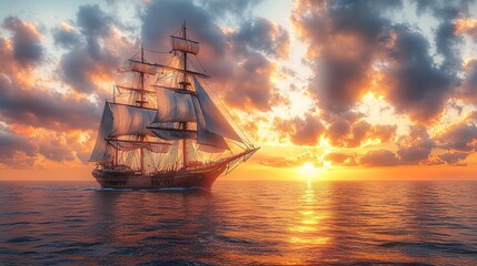 Fototapeta premium A majestic sailing ship gliding across a calm ocean at sunset, with sails fully furled and catching the golden light