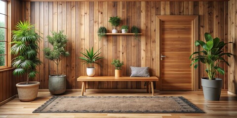 Wooden Wall Entryway with Plants and Bench, Interior Design , Home Decor , Entryway Design