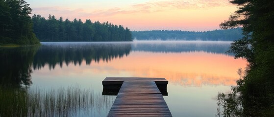 Wooden Dock Extending into a Foggy Lake at Sunrise