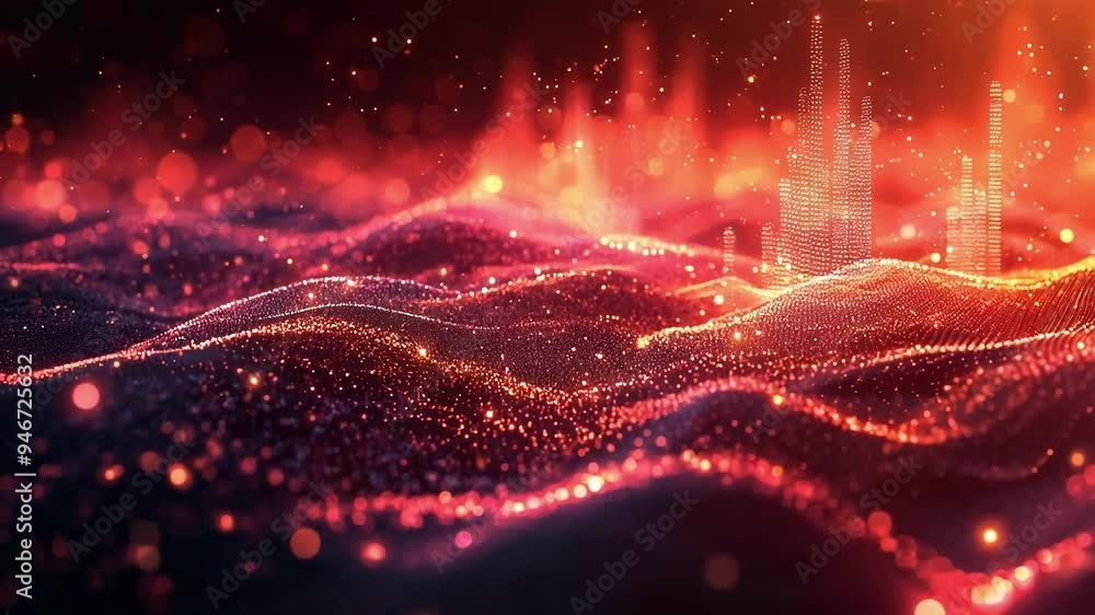 Poster abstract red particles are flowing in waves forming the shape of a city skyline, representing the fl