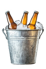 Metal bucket filled with ice and beer bottles for summer refreshment cut out on transparent background