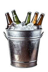 Metal bucket filled with ice and beer bottles for summer refreshment cut out on transparent background