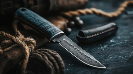 A finely crafted knife made from Damascus steel lies on a rustic background, highlighting its intricate patterns, a testament to traditional craftsmanship with a vintage appeal.