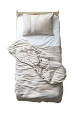 Single Bed With Striped Linen. Top view. isolated on white background