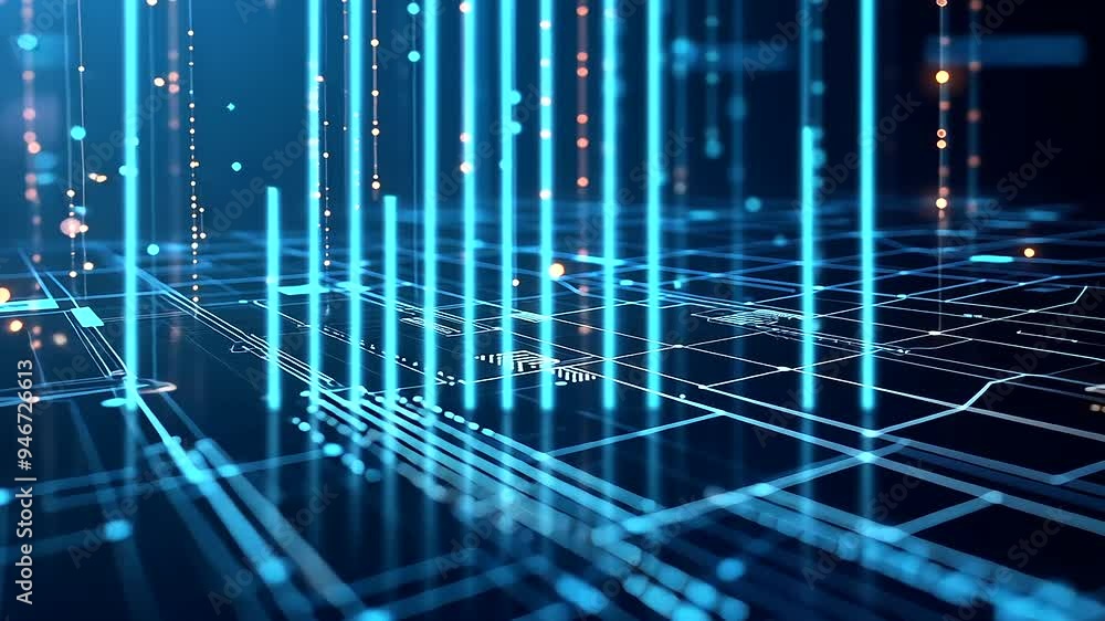 Poster a futuristic digital network with interconnected data panels and glowing lines on a dark blue backdr