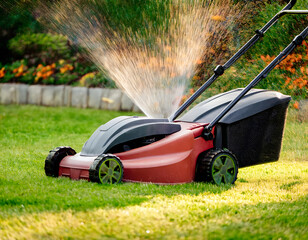 Fototapeta premium A man is using a lawn mower to cut the grass
