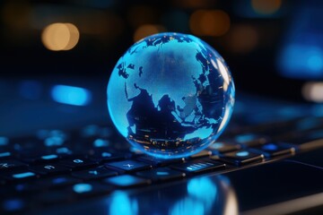 Blue glass globe on a laptop keyboard, a global network and connectivity concept, with a blue world map inside the sphere, representing online business technology Generative AI