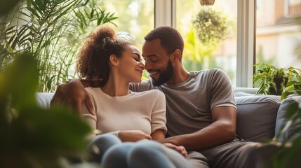 A couple enjoys a tender moment together on a cozy couch surrounded by lush greenery in a sunny living room