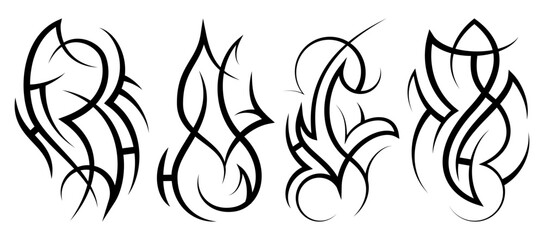 Neo abstract tribal tattoo set. Vertical black shoulder tattoo. Cyber sigilism style hand drawn ornament. Celtic gothic sleeve ornament shapes. Maori ethnic signs isolated on white background. Sketch
