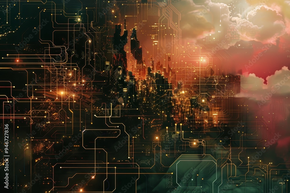 Poster an otherworldly landscape of silicon and circuitry, pulsing with the heartbeat of a digital world