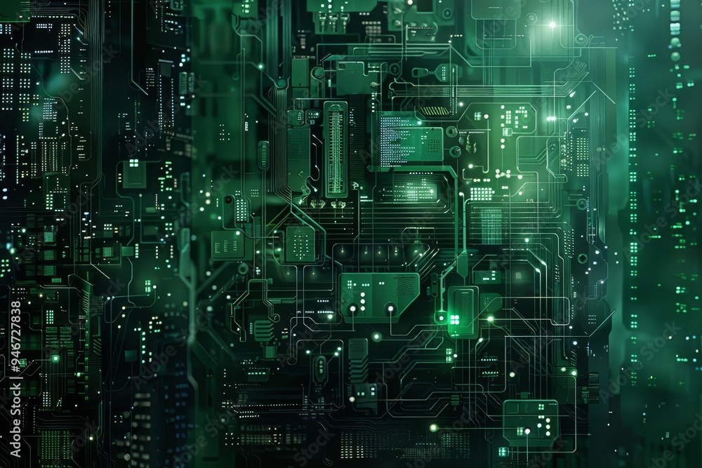 Poster an otherworldly landscape of silicon and circuitry, pulsing with the heartbeat of a digital world