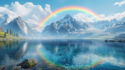 A beautiful mountain lake with a rainbow over the snow-capped peaks