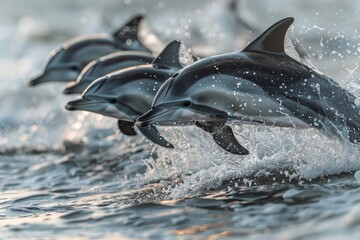 A pod of dolphins leaps gracefully through the waves, their playful antics frozen in time