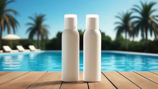 blank white empty sunscreen bottles mockup on wooden surface, cosmetic product advertising template swimming pool with palm trees blurred background for advertisement created with generative ai	