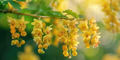 Golden currant Ribes aureum flowers in close up Soft focus on blooming yellow Ribes aureum flower Featuring flowers of the golden currant clove currant pruner berry and buffalo currant