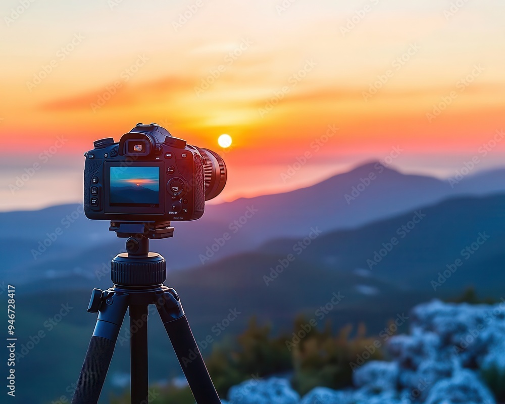 Wall mural Camera tripod set up to capture a sunrise, with a DSLR mounted on top