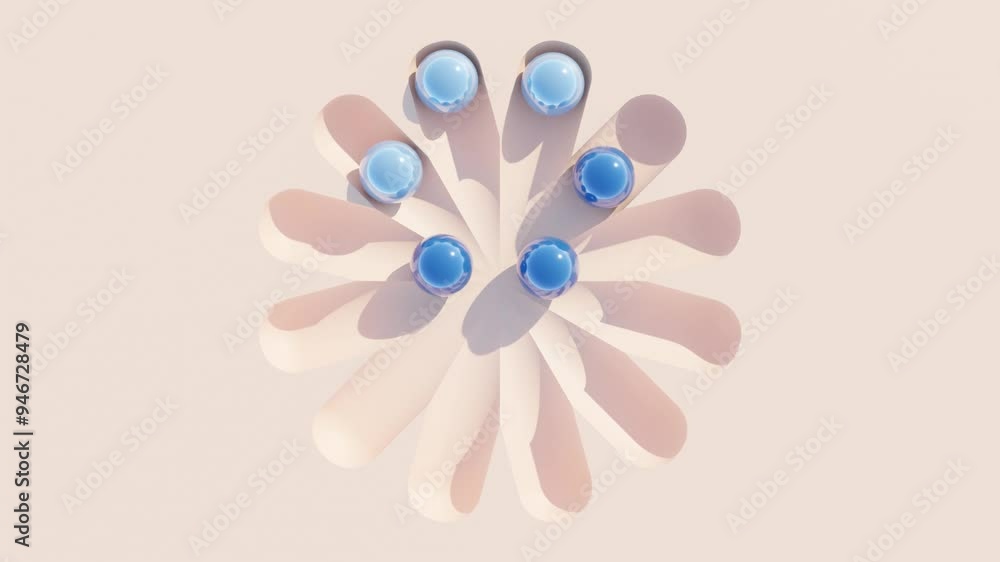 Poster abstract 3d animation of blue and cyan balls on peach background for modern geometric design and dyn