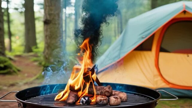 Fire and smoke above the barbecue or barbeque in forest nature close to the camping tent summer bar b que created with generative ai	