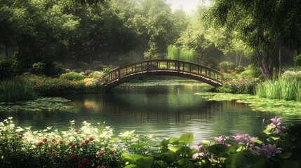 A beautiful serene landscape featuring a wooden bridge over calm waters. Lush greenery and colorful flowers surround the scene. This peaceful setting inspires tranquility and relaxation. AI