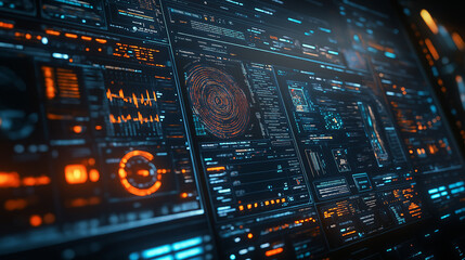 Obraz premium This is a screen with many digital displays showing data and information