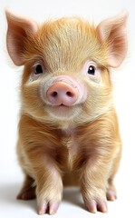 Fototapeta premium Cute pink piglet standing on white background, close-up view of face and body isolated white background