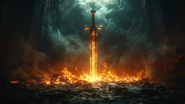 An imposing sword with a flaming blade, placed on an altar in an ancient, mysterious temple