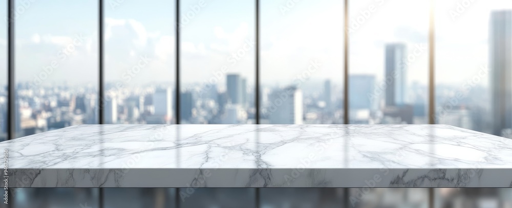 Poster stone table top with blurred windows wall building banner background - can be used to display or mon
