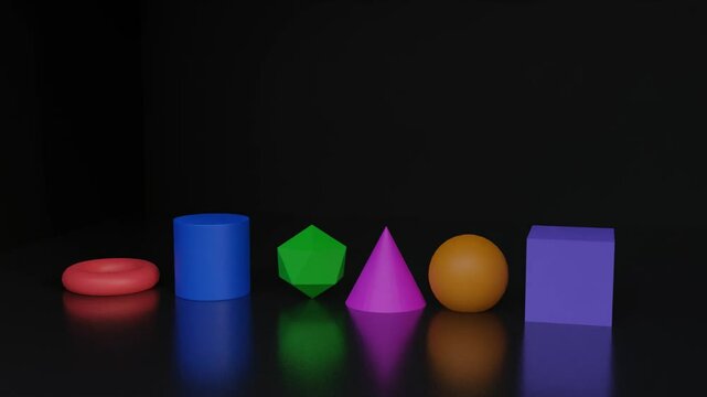 3d polygons of various shapes and colors. Mesh illustration in dark room. 3d rendering