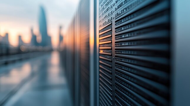 Close-up of data servers in focus with a city skyline highlighted by a beautiful sunset in the background, symbolizing modern technology and urban development.