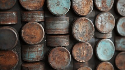 A collection of aged, rusted cans with intricate blue and brown patina, showcasing the beauty of decay and the artistic textures formed over time, representing the passage of time.