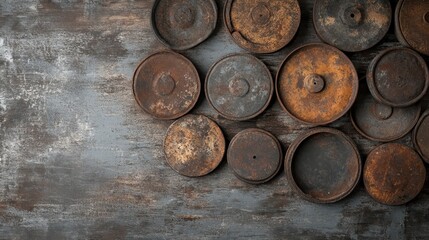 Rusty, aged lids are artistically arranged on a textured wooden background, blending the elements of decay and natural beauty in an abstract composition, highlighting rustic aesthetics.