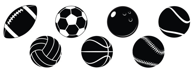 various simple stylized black sports balls silhouettes set basketball baseball volleyball football soccer bowling tennis ball