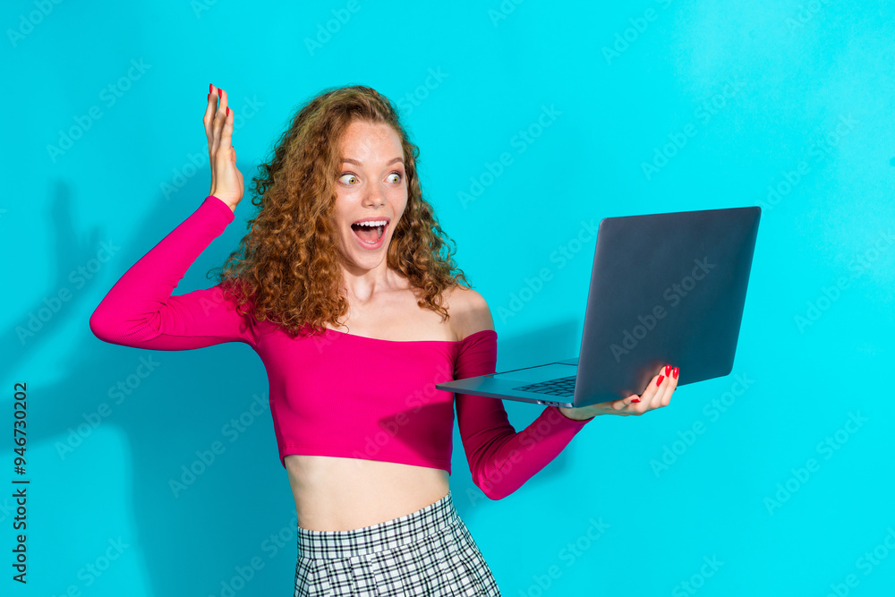 Sticker Portrait of lovely young girl use laptop wear pink top isolated on turquoise color background