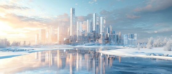 Naklejka premium Cityscape Reflected in a Frozen Lake at Sunset
