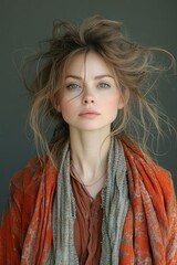 A frumpy heavy woman middle aged with messy brown hair