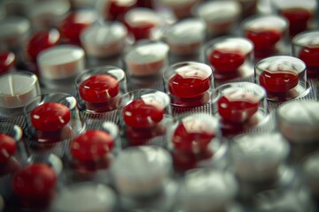 Red and white pills are organized in a blister pack, ready to be taken as medication