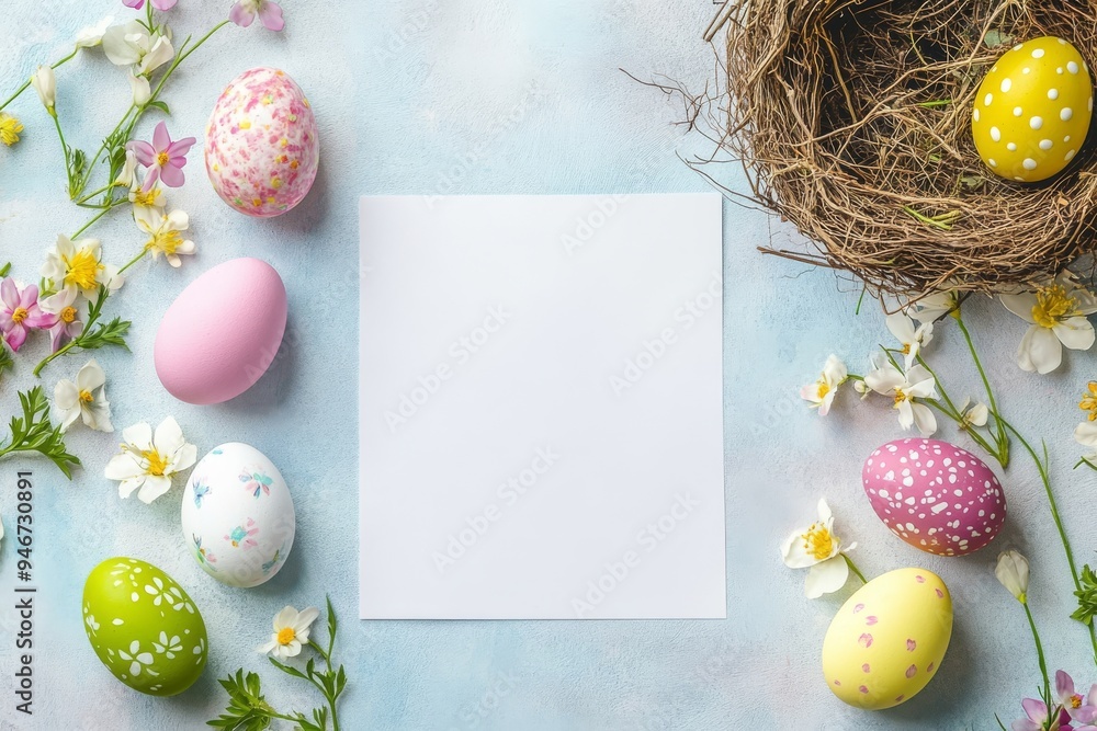 Poster spring flowers and easter eggs in a nest in a flat lay. easter background with copy space.