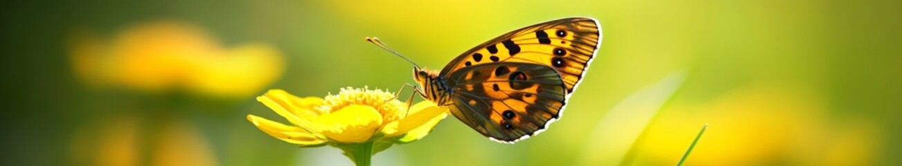 The image shows a beautiful orange butterfly with a blurred background in a garden with copy space and a natural landscape as the background, interspersed with clean, fresh design elements.