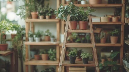 Fototapeta premium Folding ladder in use, helping reach high shelves