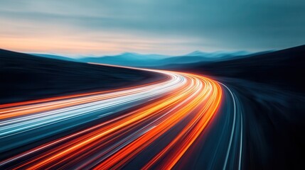 An awe-inspiring long-exposure photograph showcasing the fluid motion of car lights weaving through a highway bend, set against the gentle twilight, depicting speed and transient beauty.