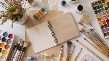 A flat lay of art supplies, including paints, brushes, and sketchbooks