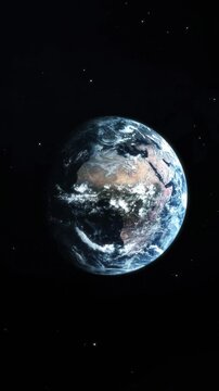 Planet Earth rotate in deep space, beautiful view of continents and night cities. Perfect seamless loop animation. Vertical video