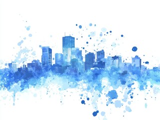 The Boston skyline in blue watercolor on white