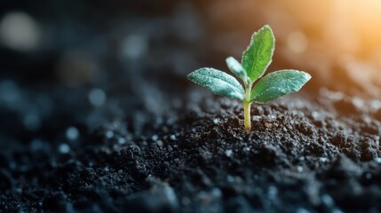 A close-up of a small plant seedling emerging from dark, rich soil with droplets of water, illuminated by warm sunlight, signifying growth and new beginnings.