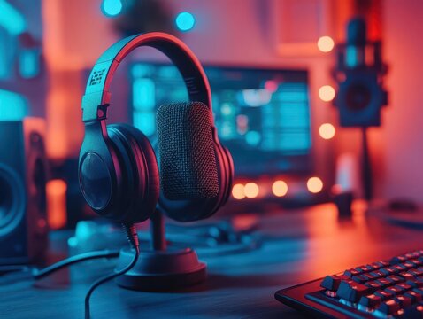 Headphones with microphone resting on a desk, ready for a virtual meeting