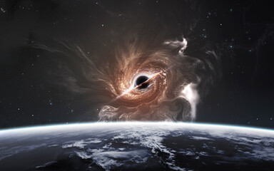 3D illustration of spiral galaxy and black hole in deep space. High quality digital space sci-fi art in 5K - realistic visualization