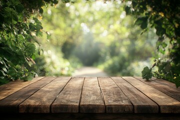 There is an empty wooden tabletop podium in the garden, surrounded by a blurry background of greenery in the background. Organic product is displayed natural in a pedestal, spring and summer concept,