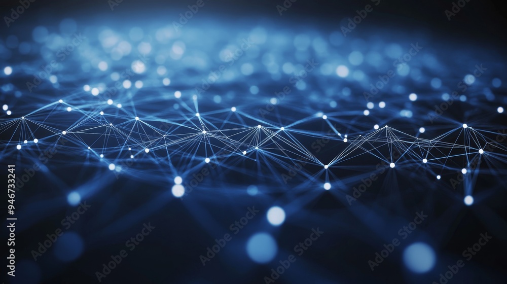 Poster network grid and connected particles on a blue abstract background. stock photo aig21.